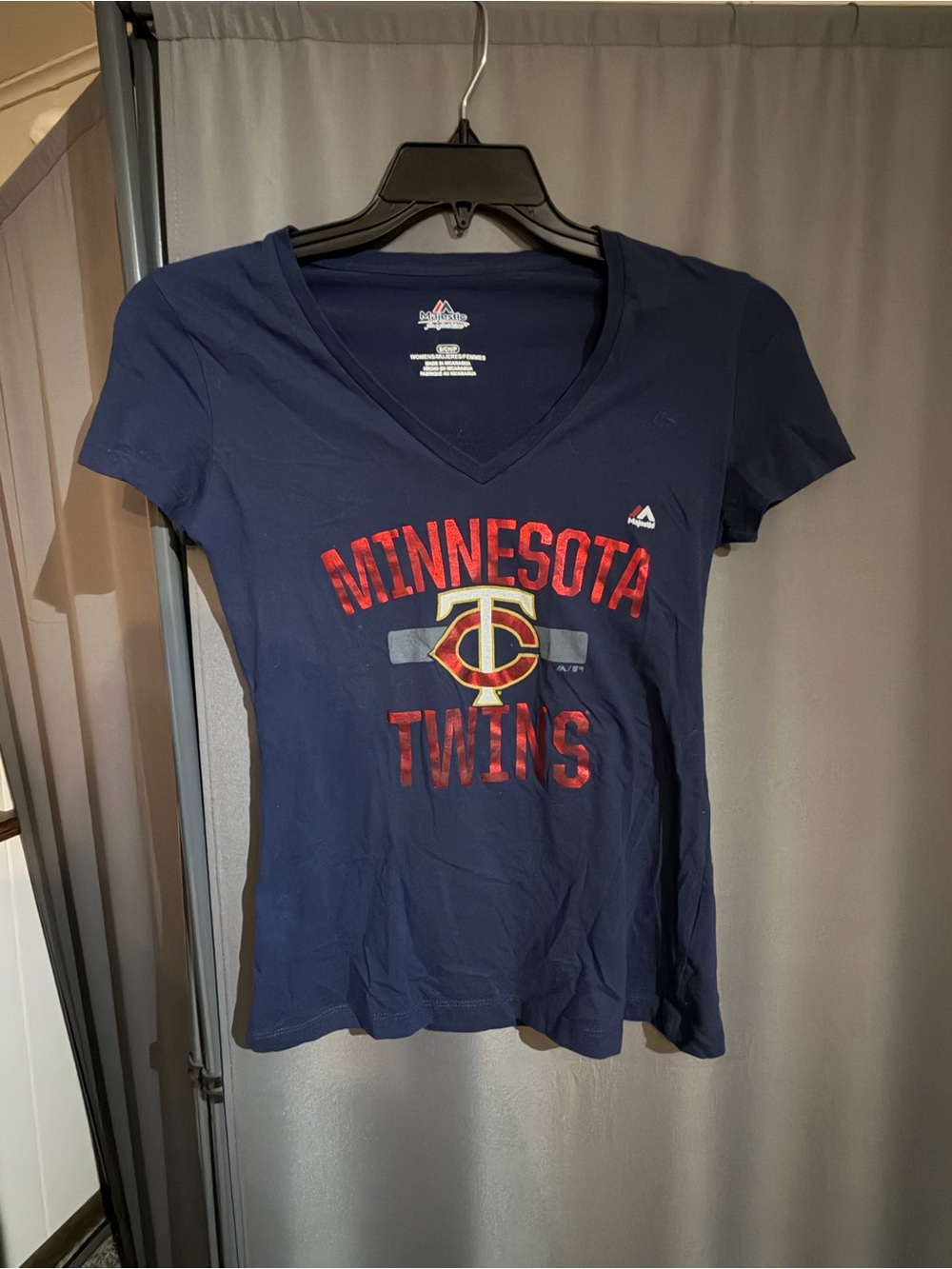 Majestic Navy Minnesota Twins Women's V-Neck Tee with Red Logo